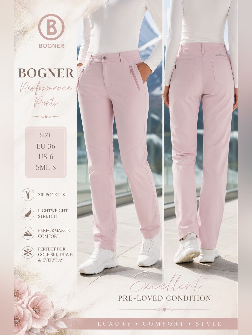 Bogner Pink/Lilic Performance Ski Golf Pants US 6 Soft Shell Stretch Zip Pocket